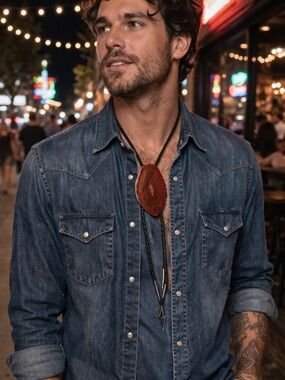 Vintage Orange Agate Slice Bolo Tie Necktie Pendant Necklace